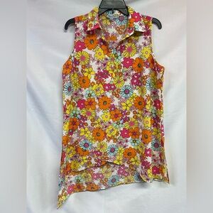 Floral & Ivy Women's Sleeveless V-Neck Top Pink Orange Yellow Retro Blouse M